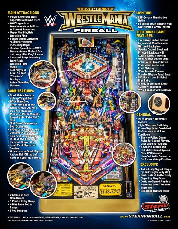 Flippers Stern Pinball WWE Wrestlemania Limited Edition (Legends of Wrestlemania) 3